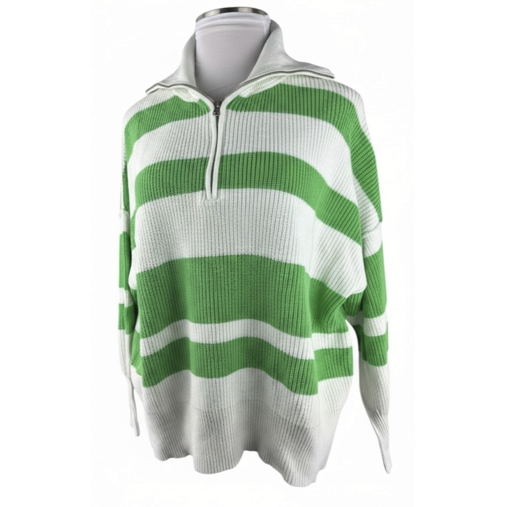 Aerie Green White Striped Beyond Quarter Zip Sweater Preppy Rugby Nautical Large - Picture 15 of 16
